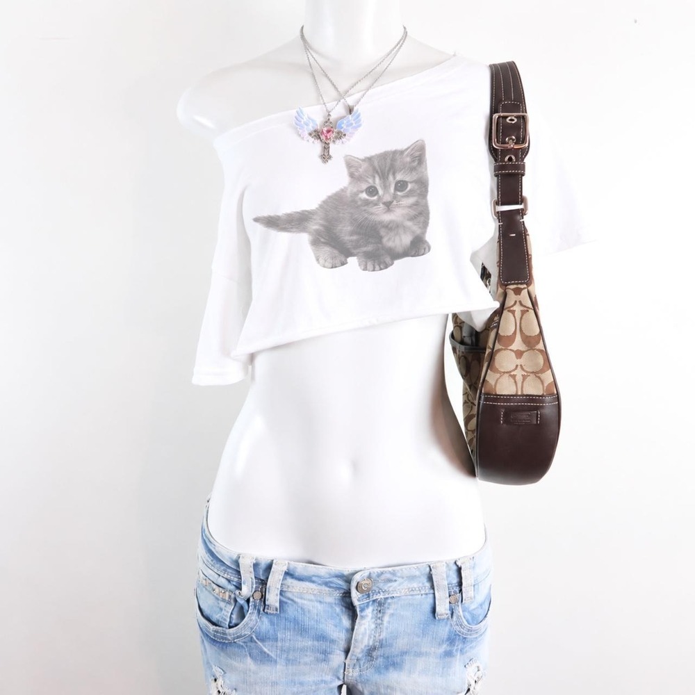 y2k kitten graphic white off shoulder cropped long sleeve top 2000s